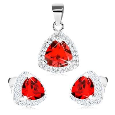 Szett 925 ezüstből, fülbevaló és medál, piros cirkóniás háromszög, átlátszó szegély
