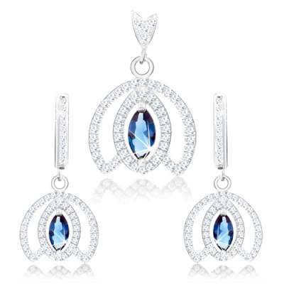 925 ezüst szett, medál és fülbevaló, kehely körvonal, kék cirkónia