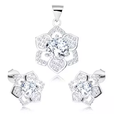 925 ezüst szett, medál és fülbevaló, csillogó virág, átlátszó cirkónia