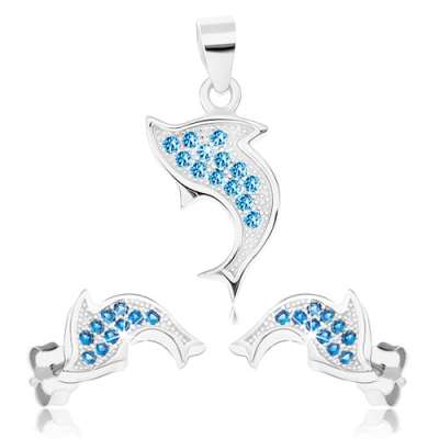 Szett, 925 ezüst, medál és fülbevaló, delfin, kék cirkóniák