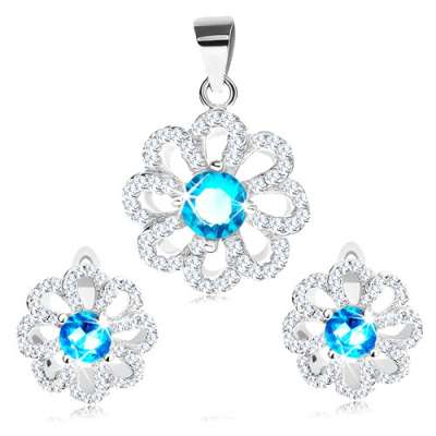 925 ezüst szett, fülbevaló, és medál, világoskék és átlátszó szirmok