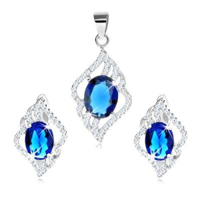 Medál és fülbevaló szett 925 ezüstből, átlátszó levélkörvonal, kék cirkónia