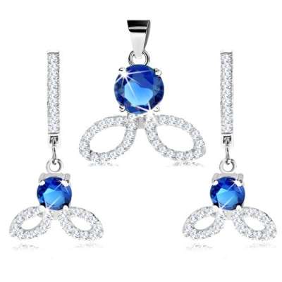 925 ezüst szett, fülbevaló és medál, kék cirkónia, átlátszó szemkörvonalak