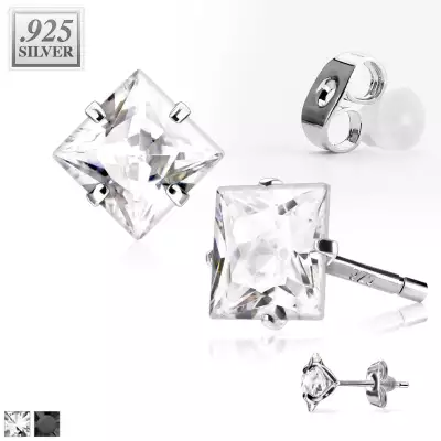 Ezüst fülbevaló - nagy, csillogó  kocka cirkónia, négy foggal rögzítve - Méret: 6 x 6 mm, Szín: Fekete 