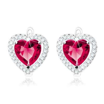 Fülbevaló 925 ezüstből, sötétrózsaszín szívecske átlátszó cirkóniás kontúrral