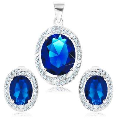 925 ezüst szett - medál és fülbevaló, ovális sötétkék cirkónia kontúrban