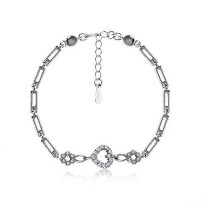 925 Ezüst karkötő, téglalap alakú elemekkel, cirkónia szív és virágok