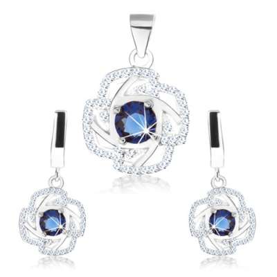 Szett - fülbevaló és medál, 925 ezüst, virág körvonal, kék kerek cirkónia