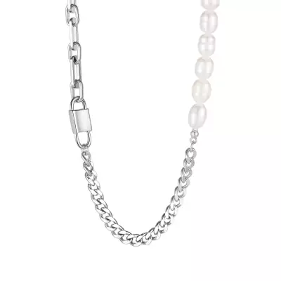 Acél nyaklánc - dupla lakat, szintetikus gyöngyök, különböző formájú lánc