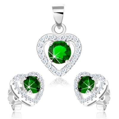 Szett 925 ezüstből, fülbevaló és medál, szív körvonal zöld cirkóniával