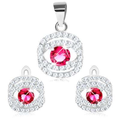 Medál és fülbevaló szett 925 ezüstől, ovális körvonal, rózsaszín cirkónia