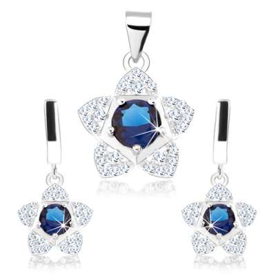 Szett, 925 ezüst, medál és fülbevaló, csillogó virág, kék cirkónia
