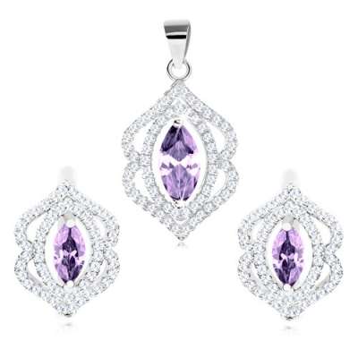 Ródiumozott szett, medál és fülbevaló 925 ezüstből, lila szem átlátszó körvonal