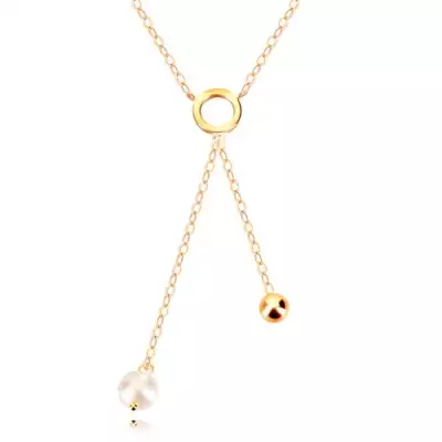 9K arany nyaklánc - karika, tükörfényes folyó és gyöngy a láncon