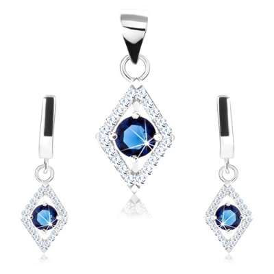 925 ezüst szett medálból és fülbevalóból, rombusz körvonal, kék cirkónia