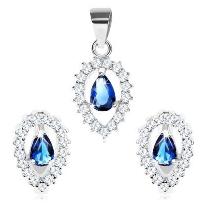 925 ezüst szett, medál és fülbevaló, fordított cseppkörvonal, kék csepp