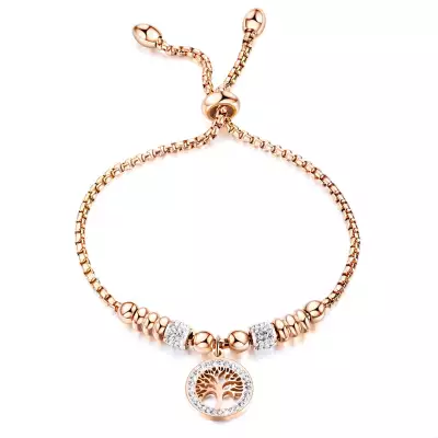 Acél karkötő réz színben - életfa cirkónia gyűrűben