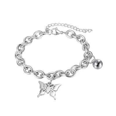 Acél karkötő ezüst színben - egy pillangó faragott szárnyakkal, egy gyöngyszemmel