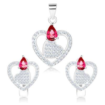 925 ezüst szett, medál és fülbevaló, szív kontúrban, cirkóniás könnycsepp