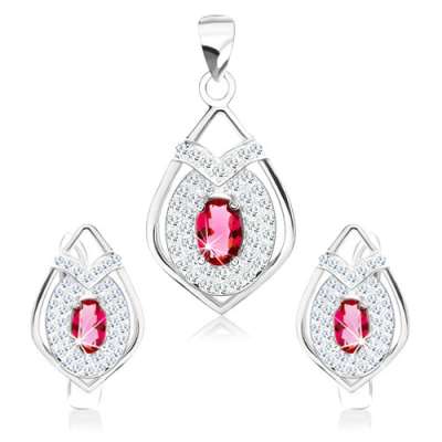 925 ezüst szett, fülbevaló és medál, csúcsos könnycsepp körvonal, rózsaszín cirkónia