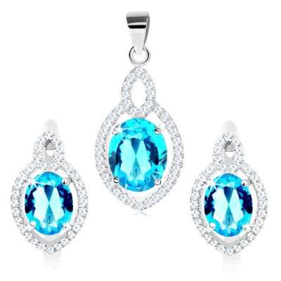 925 ezüst szett, medál és fülbevaló, ovális cirkónia akvamarinkék színben