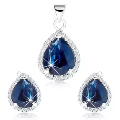 925 ezüst szett, medál és fülbevaló, kék cirkónia - könnycsepp, átlátszó keret