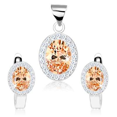 925 ezüst szett, medál és fülbevaló, ovális sötétsárga cirkónia kerettel