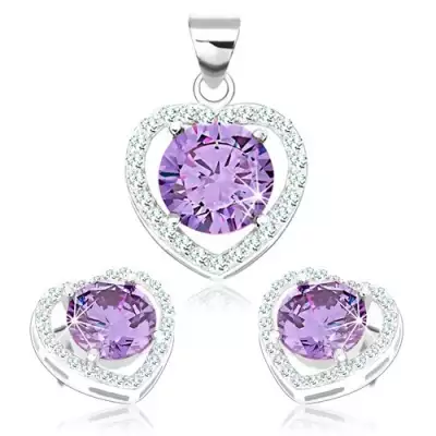 Szett 925 ezüstből, fülbevaló és medál, szív kontúr, cirkónia tanzanit színben