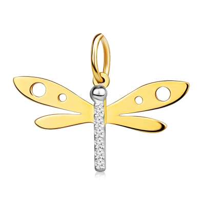 14K kombinált arany medál - szitakötő, apró cirkóniák, kivágások a szárnyakban