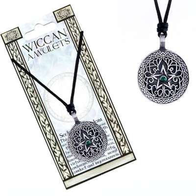 Fekete nyaklánc és fém medál - díszes kör, csillag, zöld cirkónia