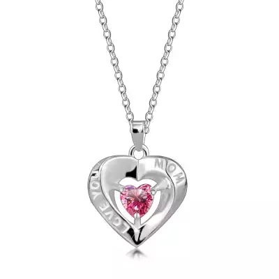 925 ezüst nyaklánc – szív körvonal, rózsaszín cirkónia, „LOVE YOU MOM” felirattal
