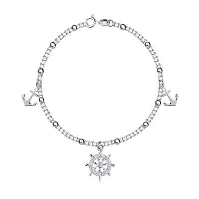 925 ezüst karkötő tengeri motívummal - sima horgonyok, kormánykerék átlátszó cirkóniákkal