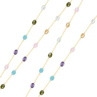 Hosszú nyaklánc 585 sárga aranyból - színes ovális cirkóniák, 1100mm