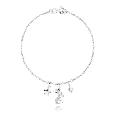 925 ezüst karkötő – csillag, sellő, szintetikus gyöngy, átlátszó cirkóniák