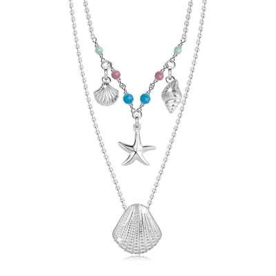 925 ezüst nyaklánc - tengeri kagylók, tengeri csillagok, természetes amazonit, turmalin és türkiz