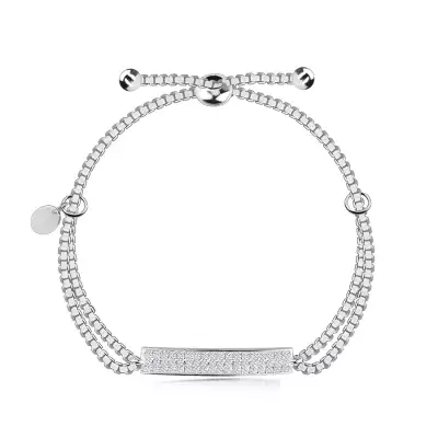 Állítható 925 ezüst karkötő - téglalap átlátszó cirkóniákkal, ovális lemezzel