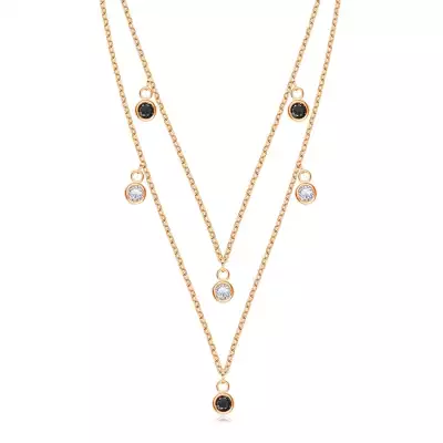 925 Ezüst nyaklánc - réz színű, dupla láncos, átlátszó és fekete cirkóniák