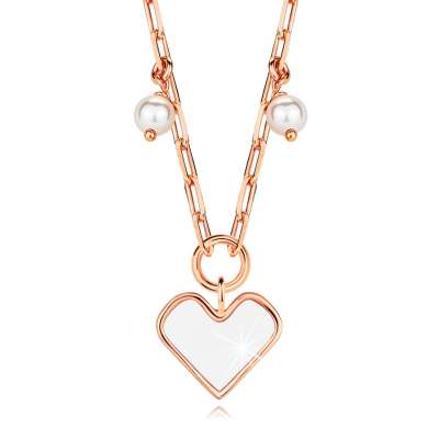 925 ezüst nyaklánc - rózsaarany színű, szívvel, szintetikus gyöngyökkel
