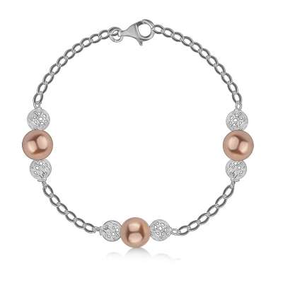 925 ezüst karkötő - szintetikus gyöngyök bronz színben, fonott mintás gyöngyökkel