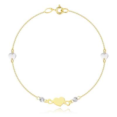 14K kombinált arany karkötő - szív motívum, strukturált gyöngyökkel