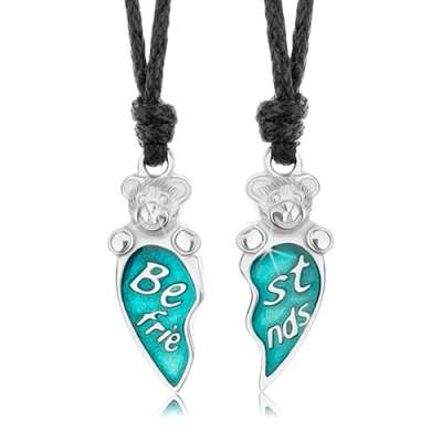 Best friends madzagos nyaklánc, kék elfelézett szív, mackók, felirat