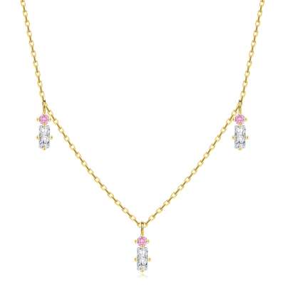 14K sárga arany nyaklánc - rózsaszín kerek és átlátszó téglalap alakú cirkóniák