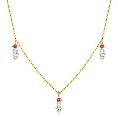 14K sárga arany nyaklánc - piros kerek és átlátszó téglalap alakú cirkóniák