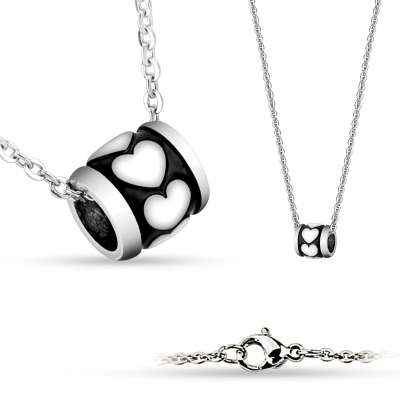 Nemesacél nyaklánc - henger középen fekete és szívecskés résszel