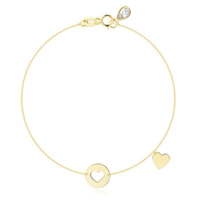 585 sárga arany karkötő - kör szív kivágással, lapos szív, cirkónia könnycsepp