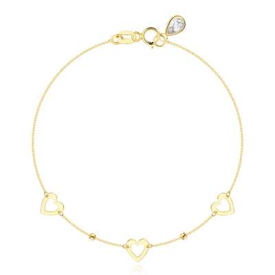 585 sárga arany karkötő - lapos szív körvonalak, golyók bevágásokkal, cirkónia 