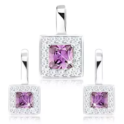 925 ezüst szett fülbevalóból és medálból, lila ciróniás négyzet, átlátszó keret