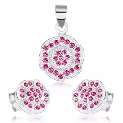 Szett fülbevalóból és medálból, 925 ezüst, kör bemetszésekkel, rózsaszín cirkóniák