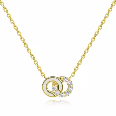 375 sárga arany nyaklánc - egymásba kapcsolódó körök, fehér máz, átlátszó cirkóniák