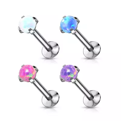 316L acél bedugós piercing ajakra, állra és fülre – szintetikus opál tartóban, 6 mm - Szín: Rózsaszín